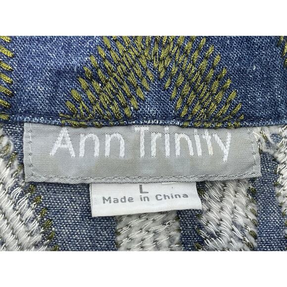 VTG Ann Trinity Linen Blend Denim Jacket Size Large Floral Embroidered Beaded - Picture 8 of 9